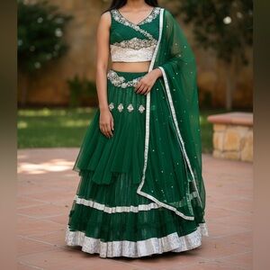 Elegant Green Embellished Skirt Set